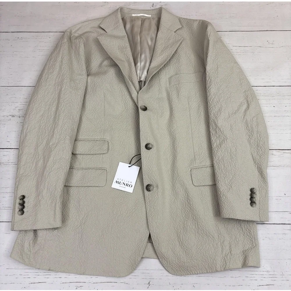 Atelier Munro Suit Mens 46S 42x27 Beige Seersucker Cotton Stretch 2 Pc Subalpino